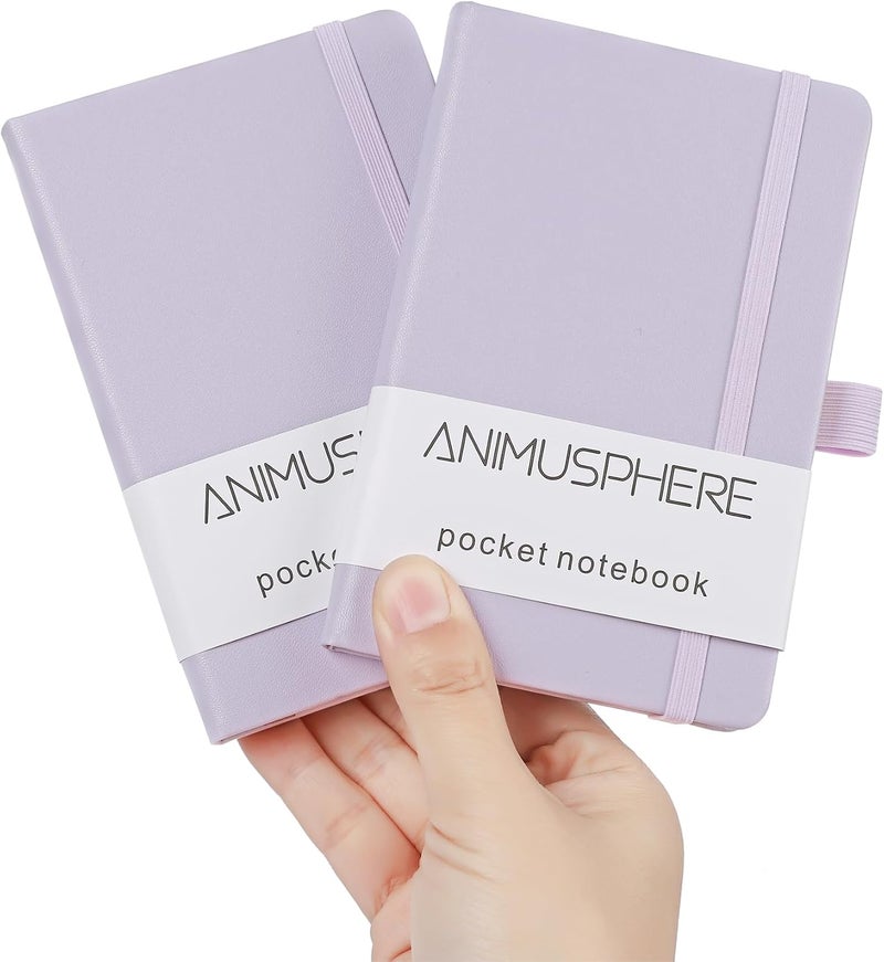 Animusphere 2Pack Pocket Notebook Small Notebook Journal Notebook 4 inches x 5.7 inches 200 Pages Leather Cover With Pen Holder Page Marker Ribbons (Purple) - Image 1